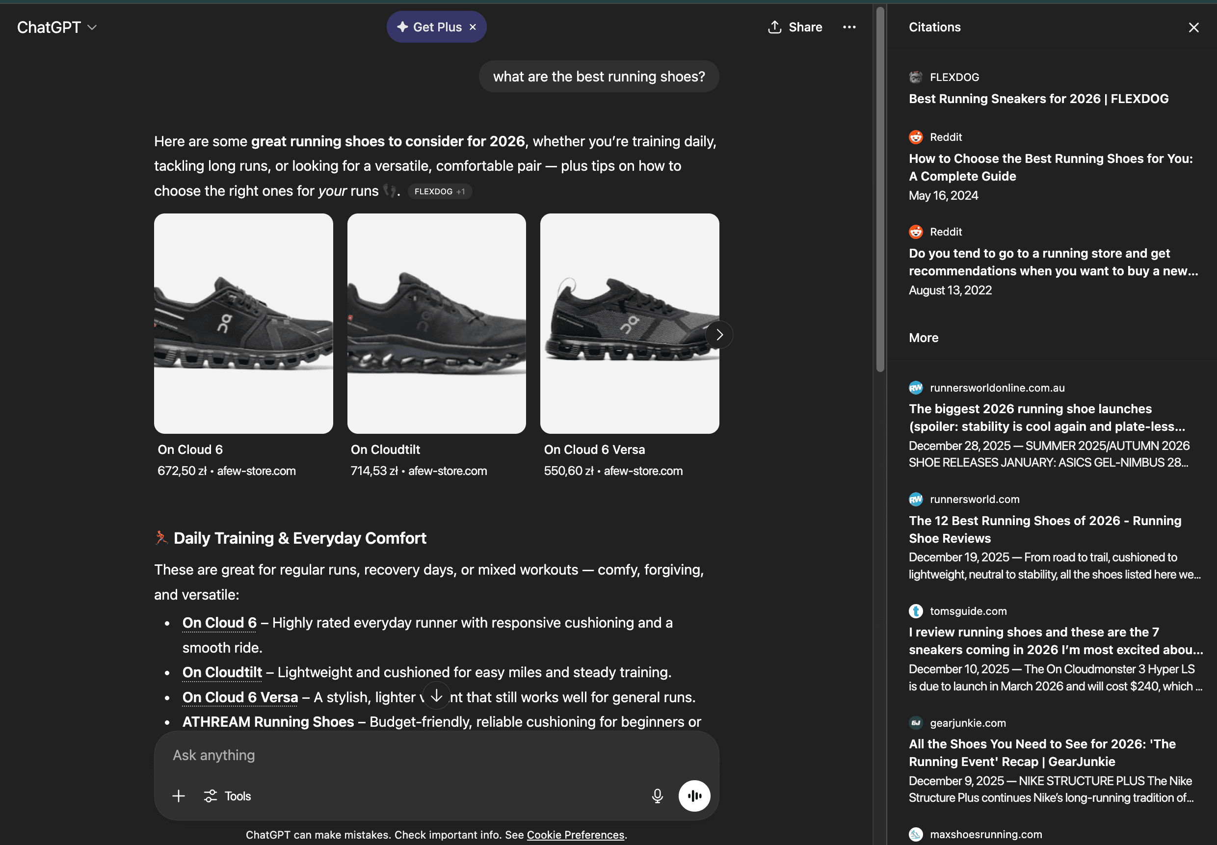 AI response example showing brand mentions and citations for running shoes