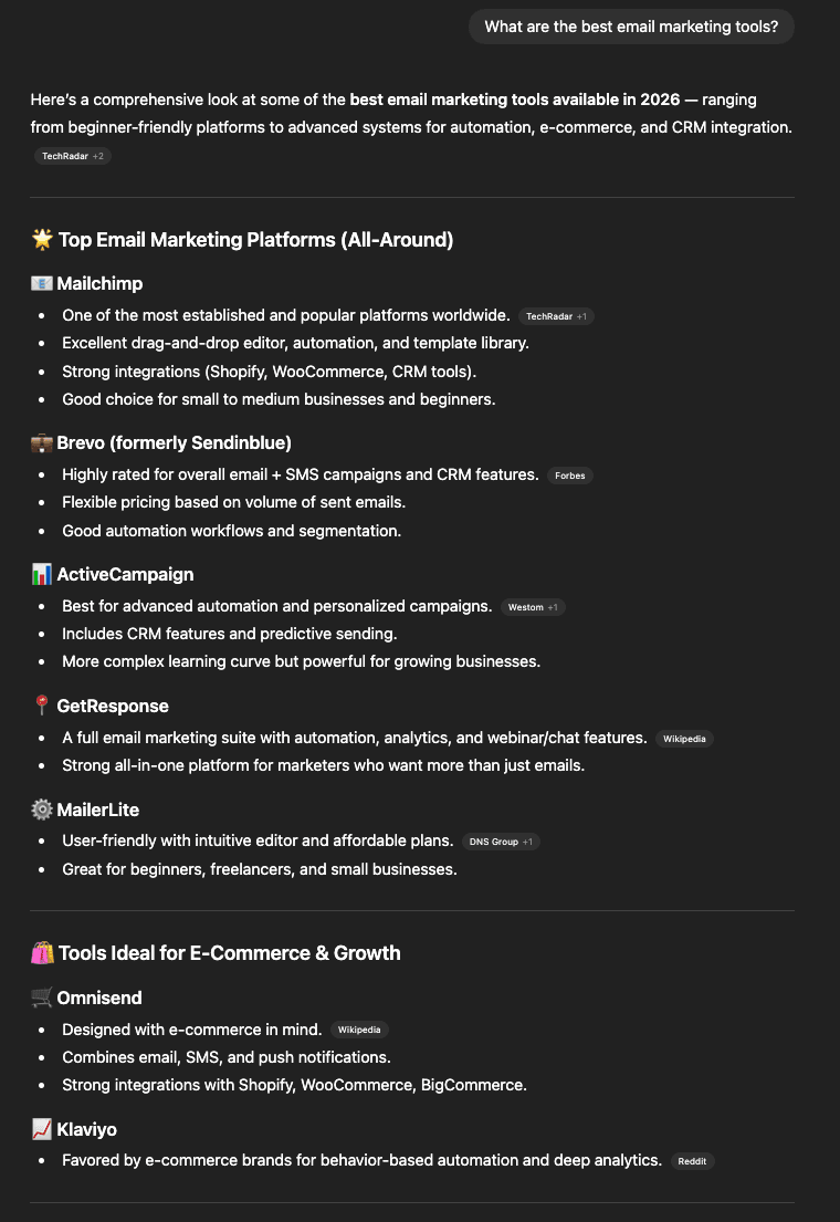 ChatGPT response about best email marketing tools - first screenshot