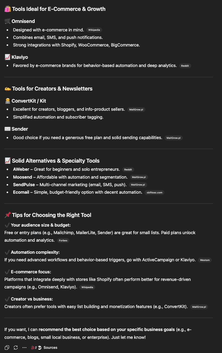 ChatGPT response about best email marketing tools - second screenshot