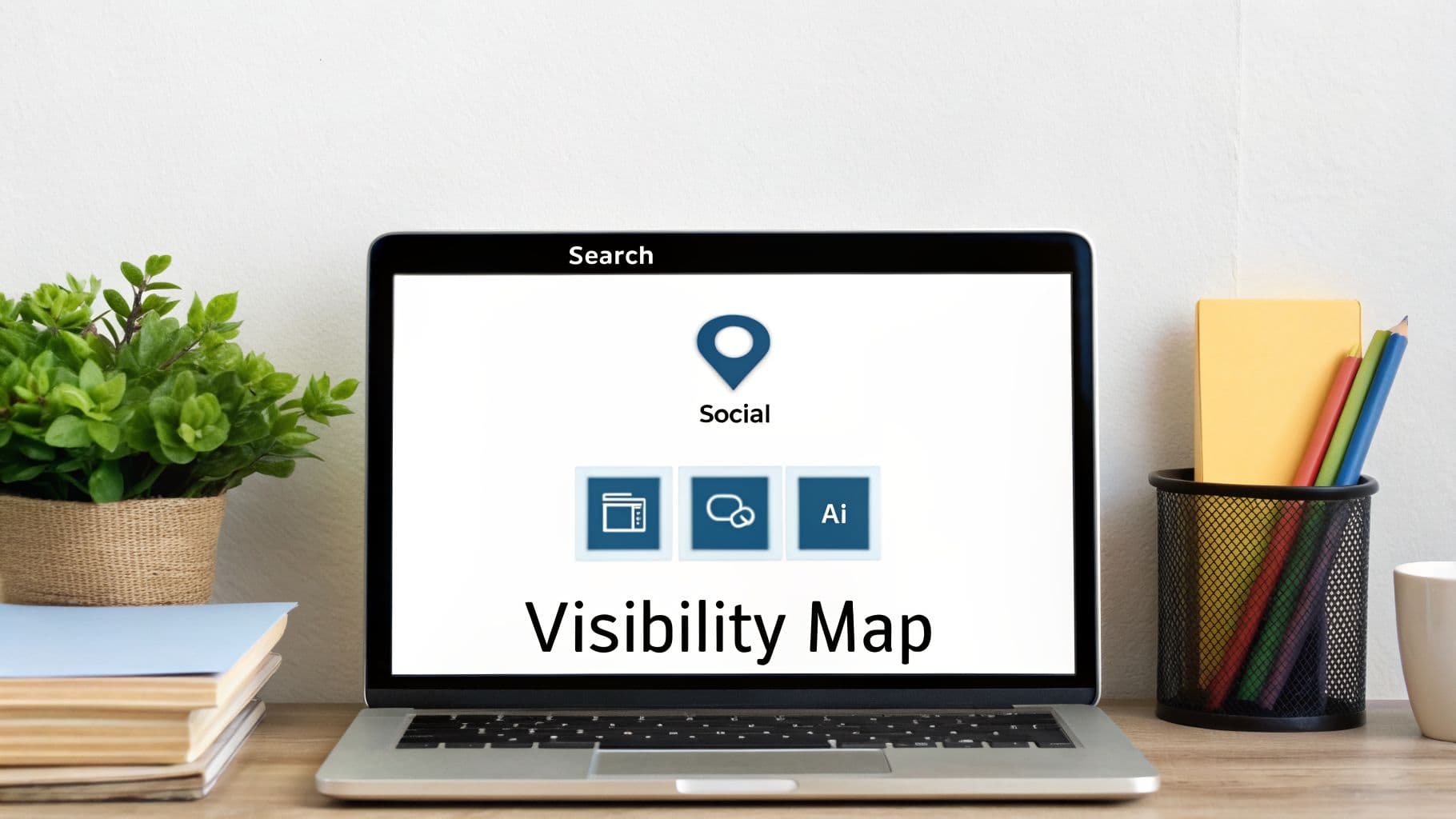 A laptop on a desk showing a Visibility Map with Search, Social, and AI elements